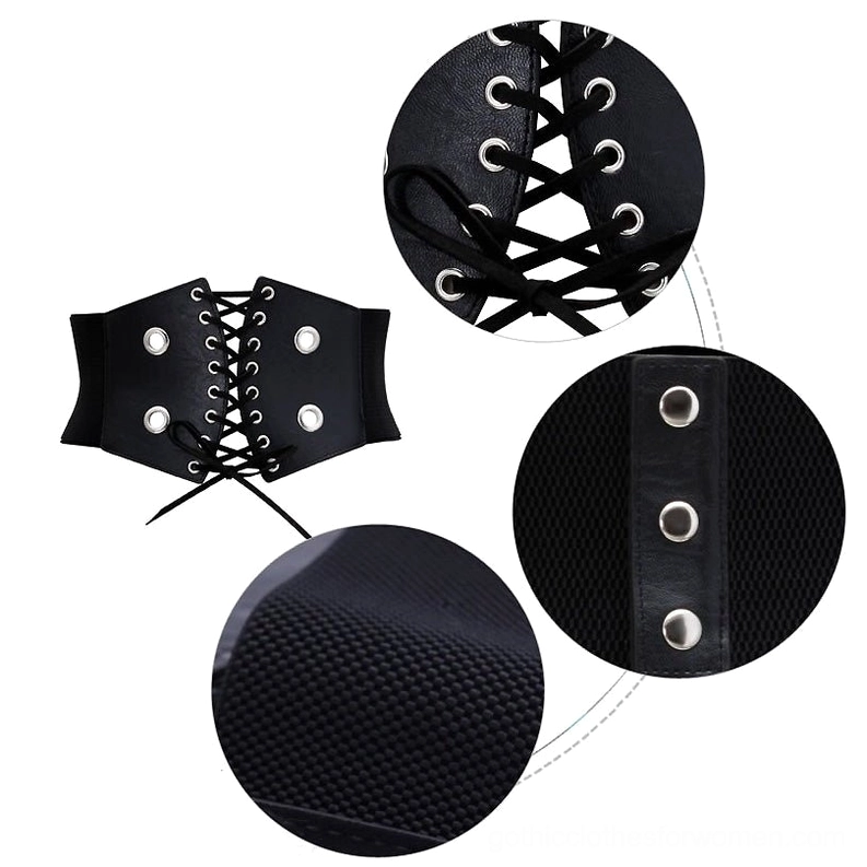 Close-up detail shots of black corset belt lace-up holes, metal grommets, and textured elastic fabric construction