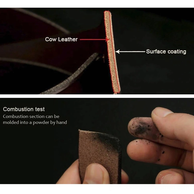 Cross-section view of gothic belt material, revealing layered construction with cow leather core and surface coating