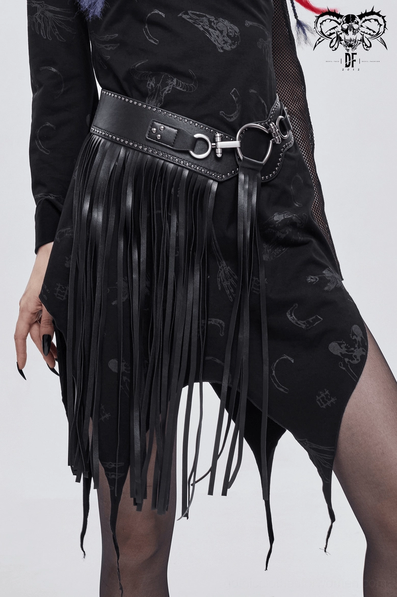 Gothic tassel belt texture and material detail shot displaying woven synthetic leather and studded edge craftsmanship