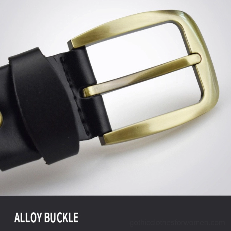 Gothic hand-braided leather belt detail showing metal buckle mechanism and geometric woven leather construction