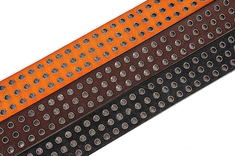 Detailed view of small round metal eyelets on gothic leather belt strap in multiple color options
