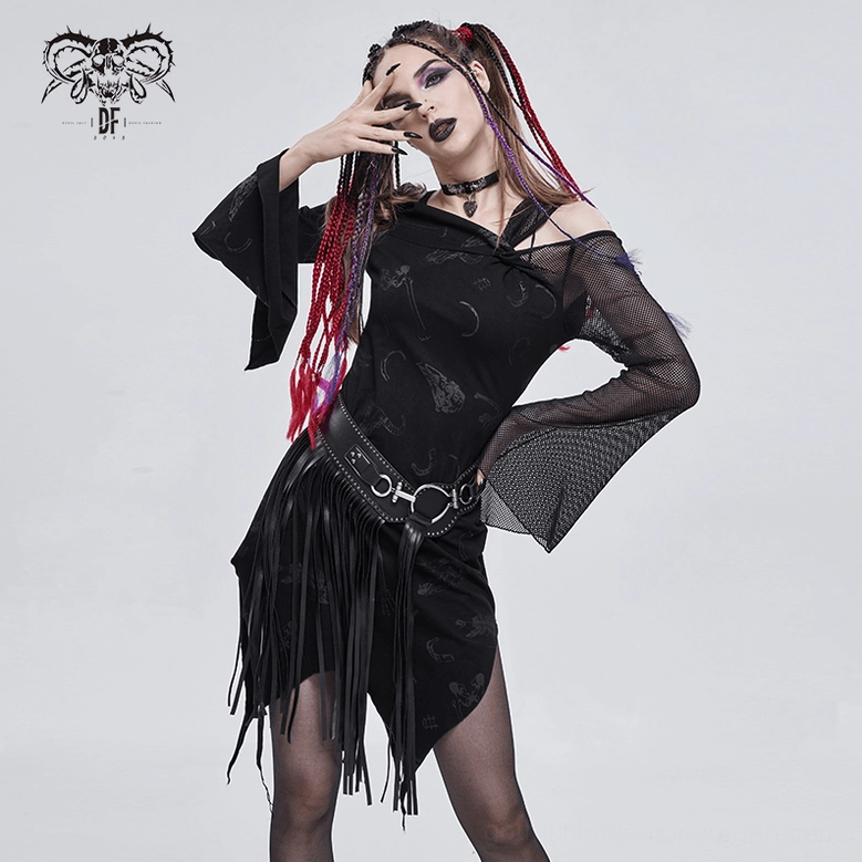 Gothic leather belt profile view on dress form emphasizing elastic waistband and tassel fringe decoration arrangement