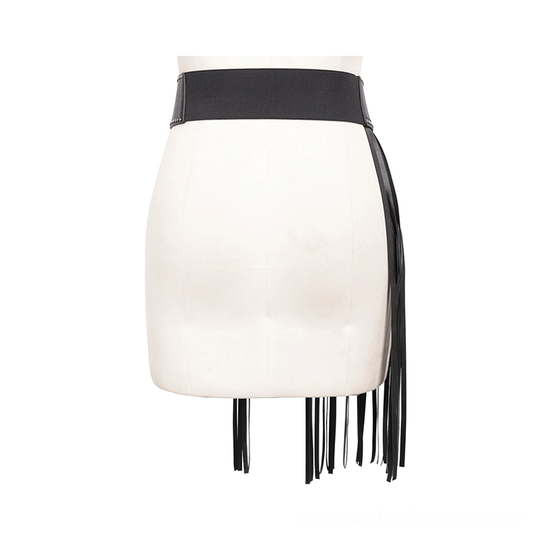 Black gothic elastic belt rear angle on mannequin displaying side tassel accents and elastic waistband design