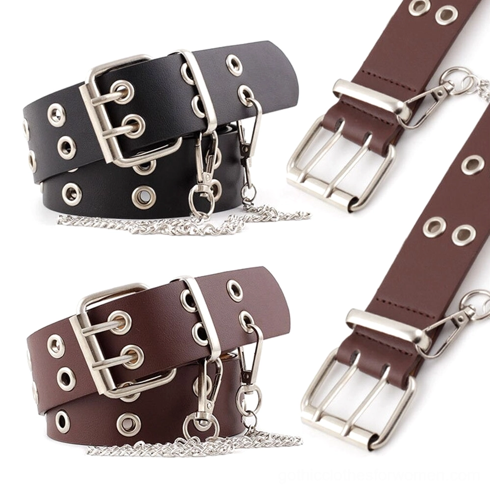 Gothic belt set collection showing black and coffee brown color options with chain variants, alternative fashion accessories