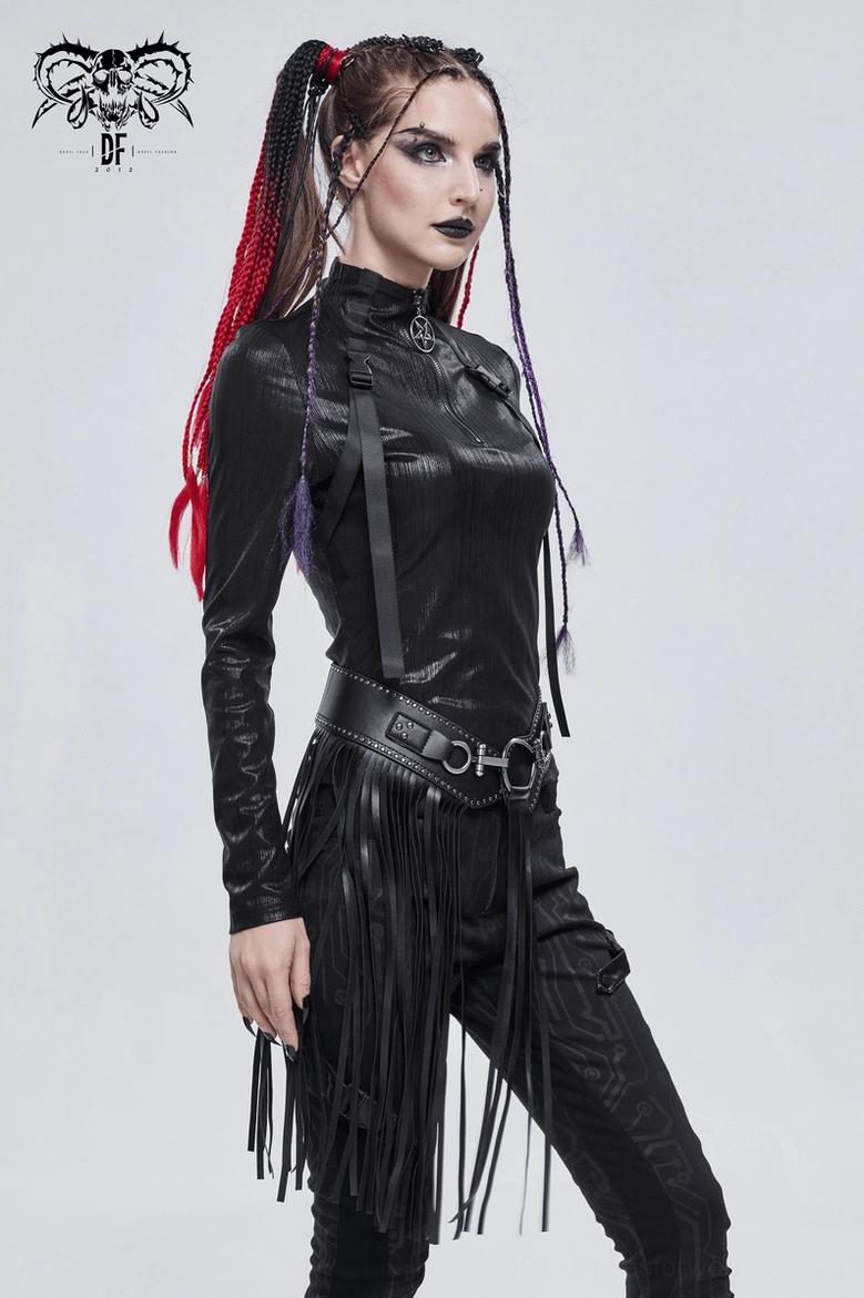 Black gothic tassel belt side hardware detail featuring metal O-rings and decorative toggle fastener mechanism