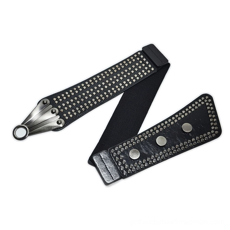 Black studded elastic wide belt side view showing elastic back panel, rivet panel detail, and silver metal fan decor