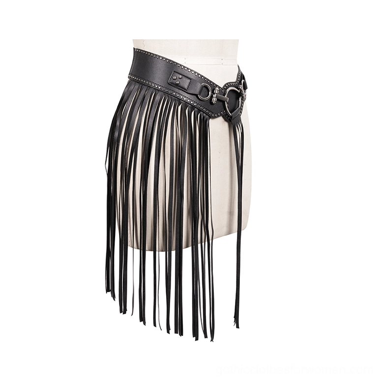 Black faux leather gothic fringe belt side three-quarter angle on mannequin showing long hanging tassels and studded leather edges