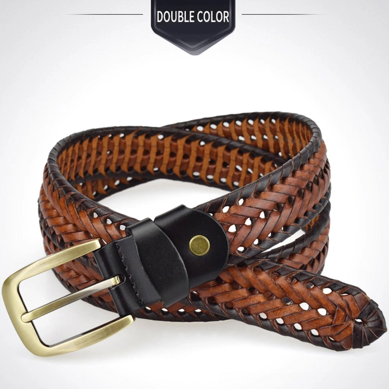 Hand-braided gothic leather belt with tan brown woven texture, black leather strap detail and gold buckle from top view