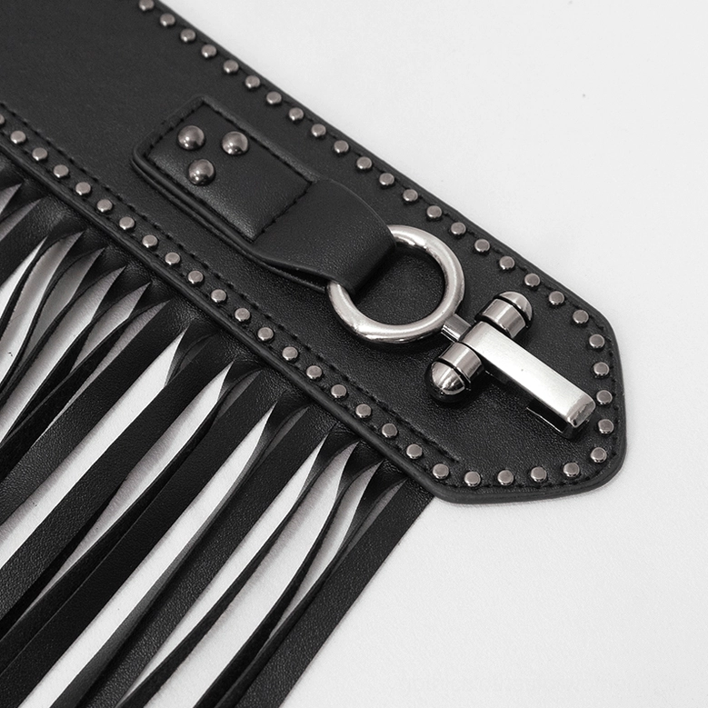 Side close-up detail of gothic belt tassel hardware featuring metal toggle fastener and leather tassel base construction
