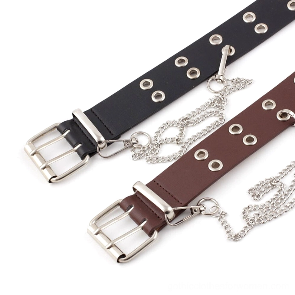 Two-pack gothic belt collection featuring black and coffee brown leather with matching silver chain hardware