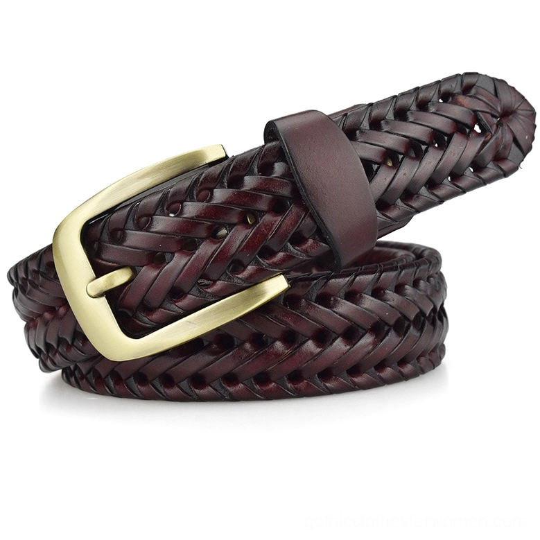 Wine red hand-braided gothic leather belt with side profile showing texture and gold metal buckle clasp