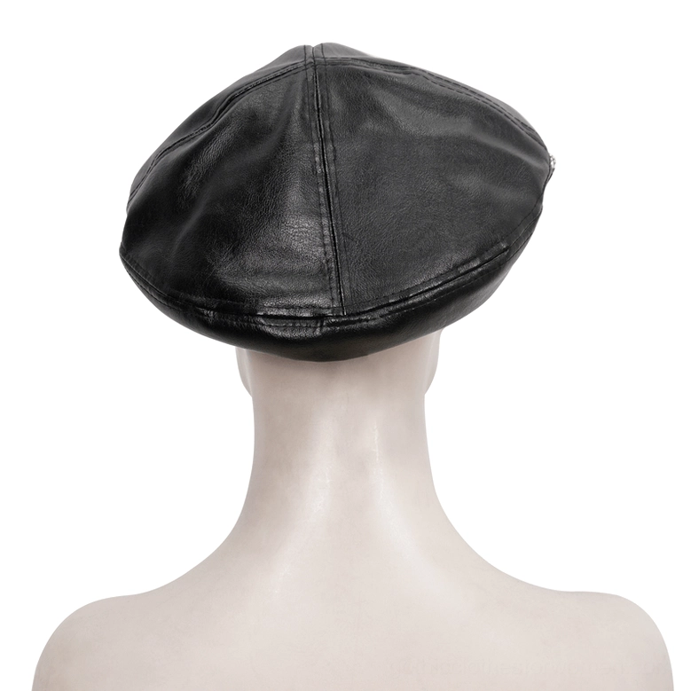 Back view of black faux leather gothic beret showing solid leather construction without front decoration