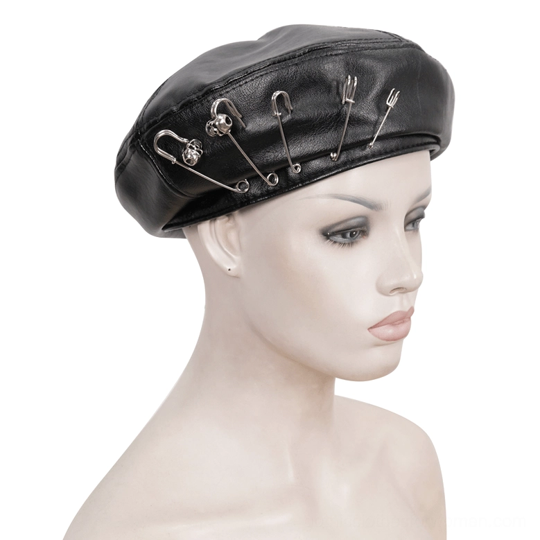 Right side view of black leather gothic beret on bust showing multiple safety pin embellishments and industrial details