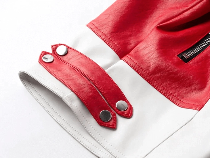 Jacket cuff detail showing faux leather with adjustable snap strap and sleeve zipper on gothic biker jacket