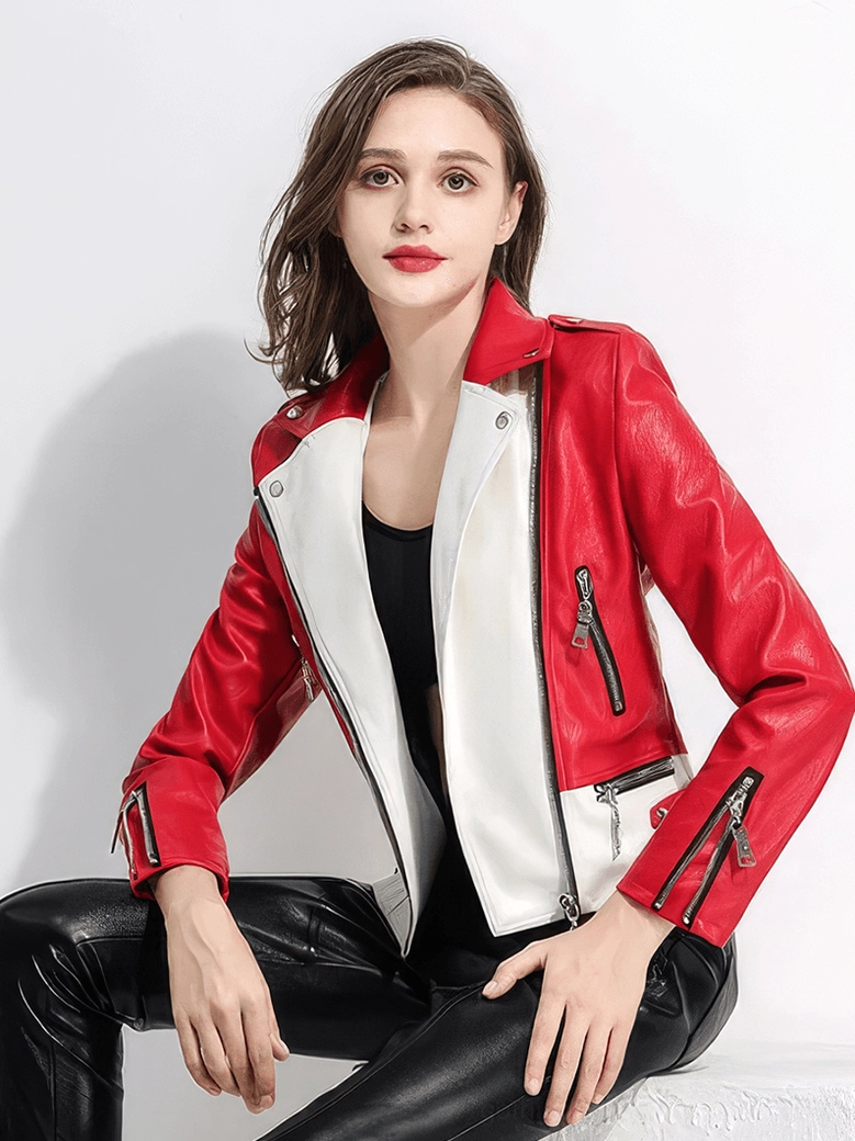 Faux leather gothic biker jacket close-up showing texture, color-block contrast panel, and construction quality
