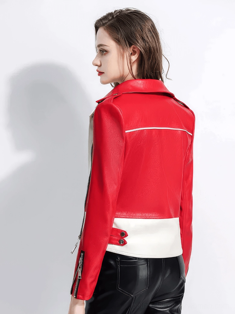 Gothic red and white biker jacket alternative angle showing lapel structure and metal hardware details on model