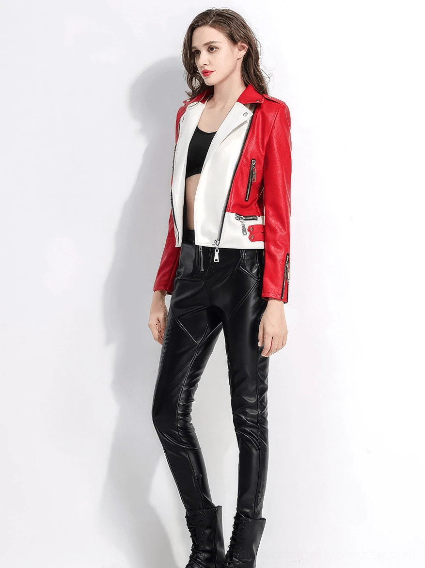Women's gothic biker jacket product overview in red and white, featuring diagonal zipper and punk rock attitude