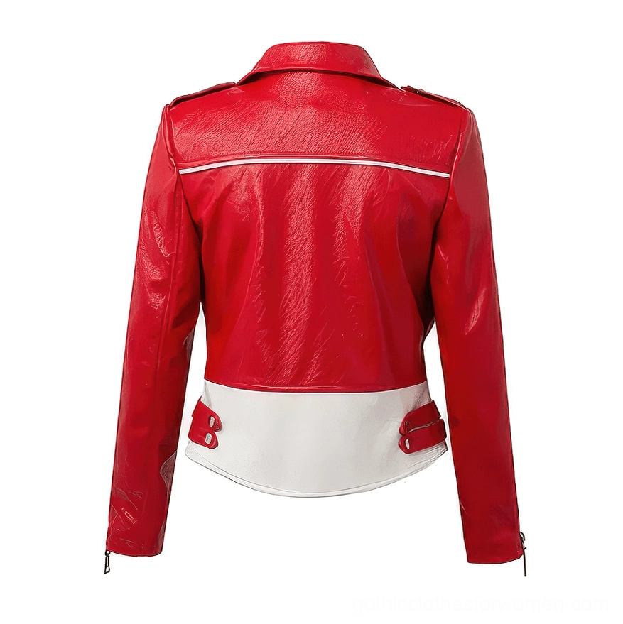 Gothic moto jacket flat lay back view displaying shoulder epaulets and white contrast panel on faux leather construction