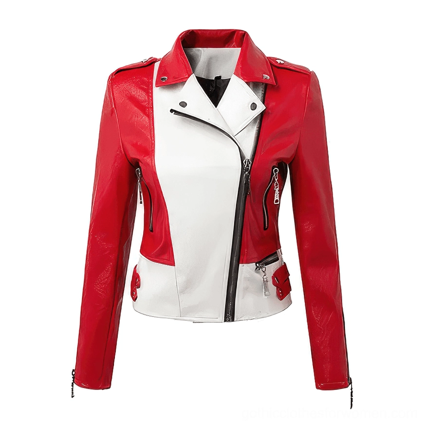 Gothic biker jacket flat lay front view with metal zippers, lapel collar, and red-white color-block faux leather