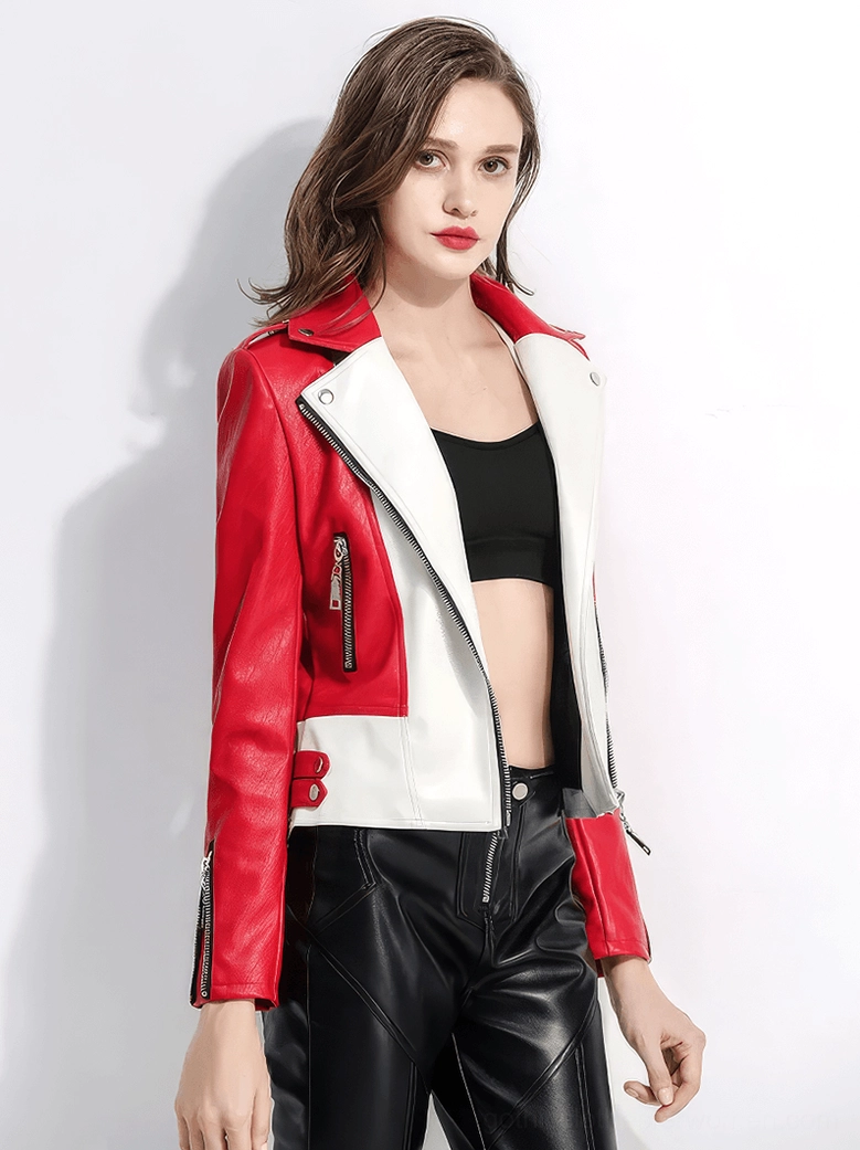 Gothic biker jacket side three-quarter angle on model showing adjustable sleeve cuffs and faux leather construction detail