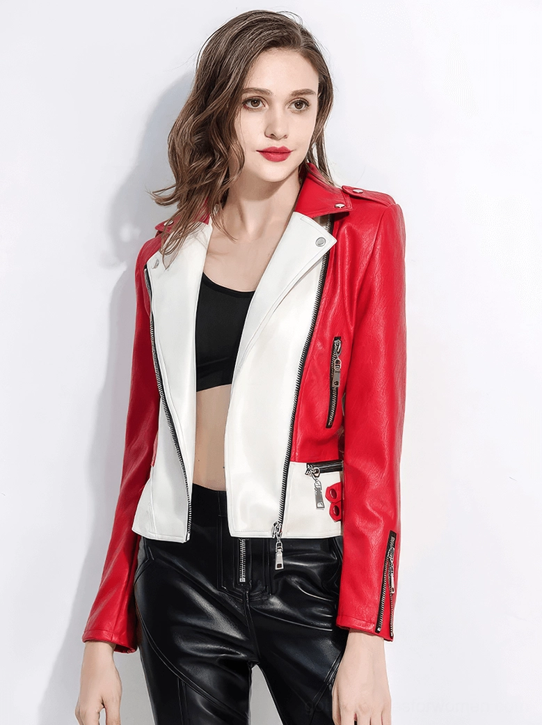 Model wearing red and white gothic biker jacket paired with black faux leather pants for edgy complete outfit styling