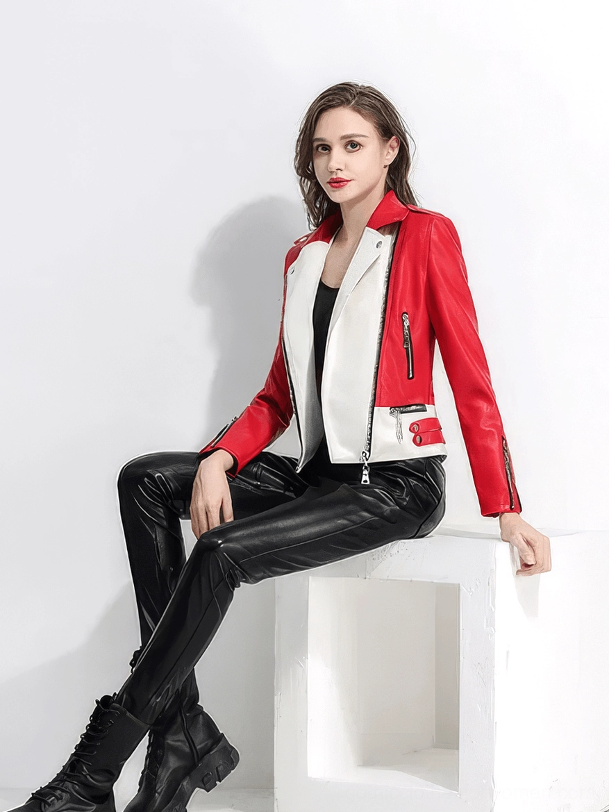 Red and white gothic moto jacket styling perspective with model demonstrating fit and rebellious edge aesthetic