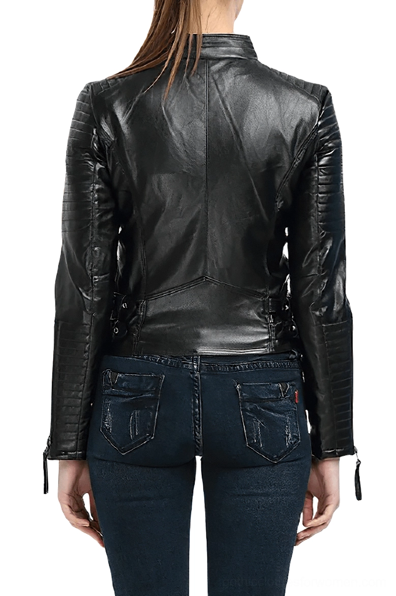 Back view of women's genuine leather gothic moto jacket with stitched panels and side buckles