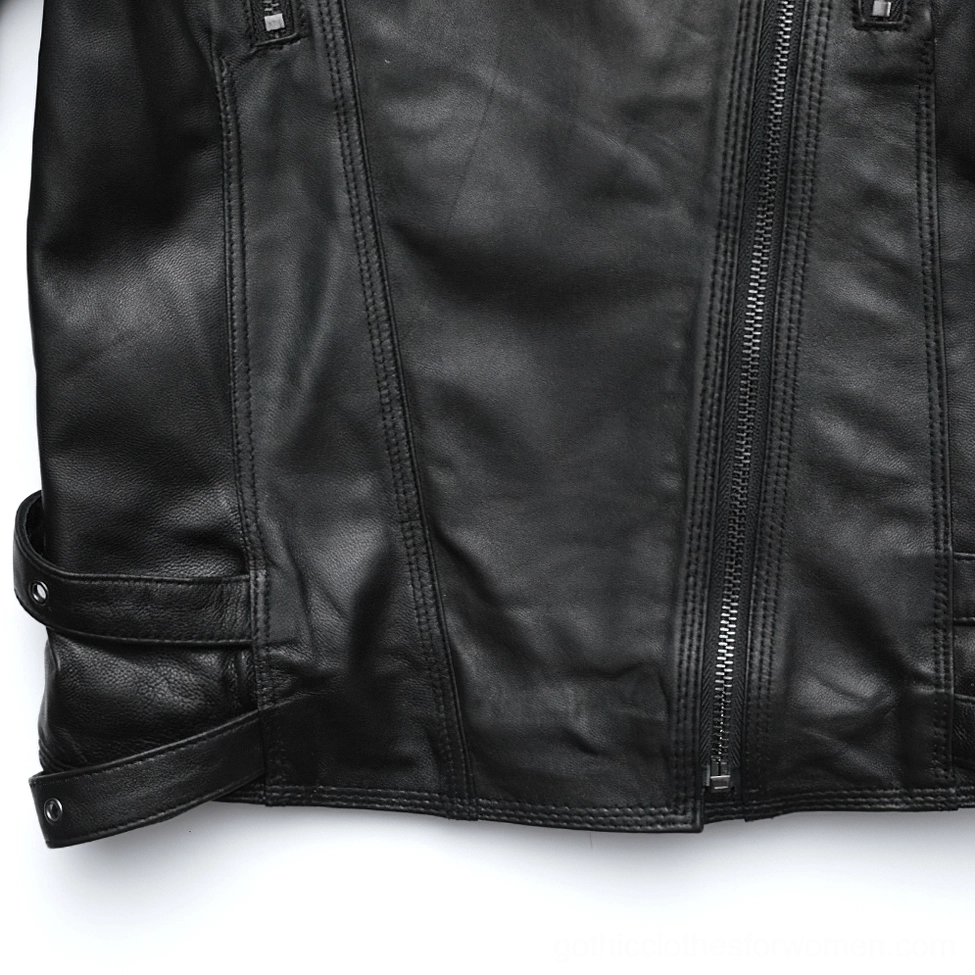Women's leather gothic moto jacket side angle view emphasizing craftsmanship and design elements