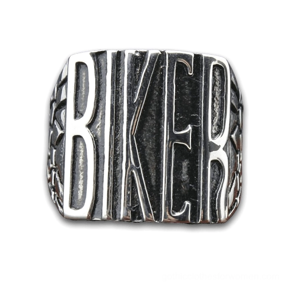Gothic biker statement ring with bold BIKER engraving, silver stainless steel, front view on white background