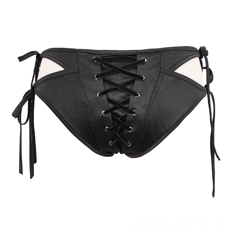 Back flat lay of black lace-up gothic swimwear showing back lacing and adjustable side tie ribbons