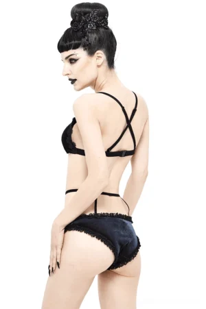 Black and red gothic bikini back view showcasing crisscross adjustable straps and cheeky cut