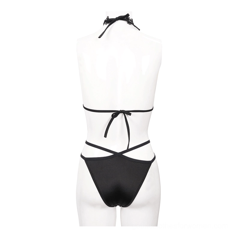 Black gothic bikini back view on mannequin with tie closure and cross-waist strap construction