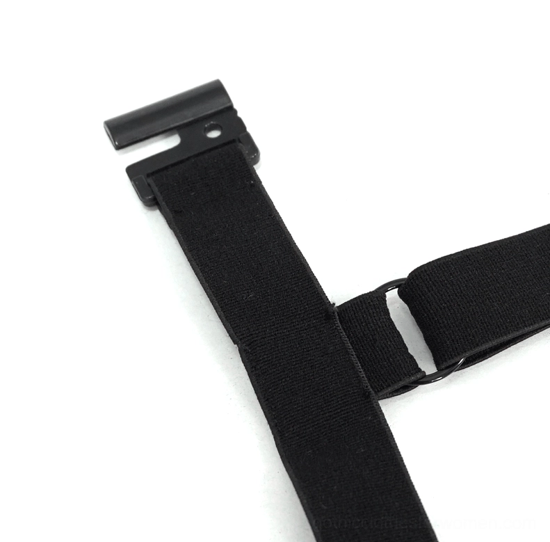 Close-up view of burgundy gothic bikini elastic strap with black metal buckle and stretch webbing hardware