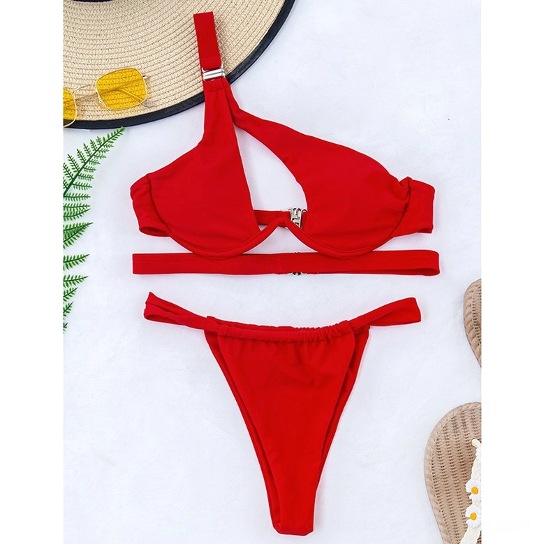 Black and red gothic bikini collection detail showing fabric texture and construction quality