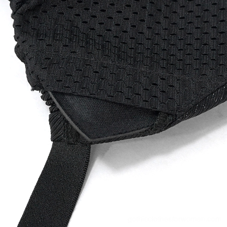 Black gothic bikini fabric texture detail - perforated mesh weave and elastic strap construction close-up