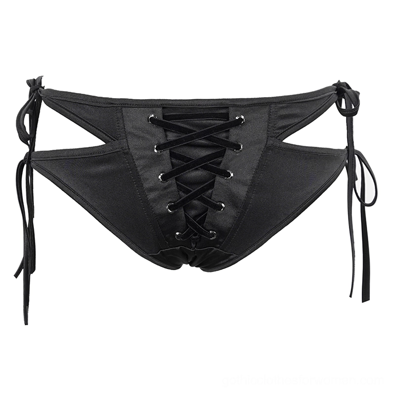 Front flat lay of black gothic bikini bottoms featuring lace-up corset design and side cutout panels