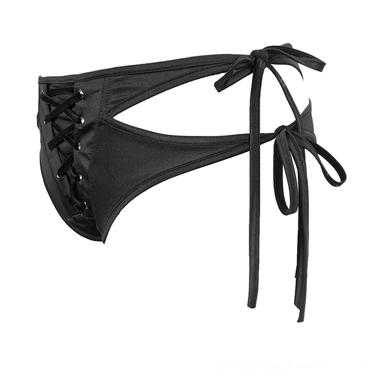 Flat lay detail of black lace-up gothic bikini bottoms showing front eyelets and long adjustable ribbon ties