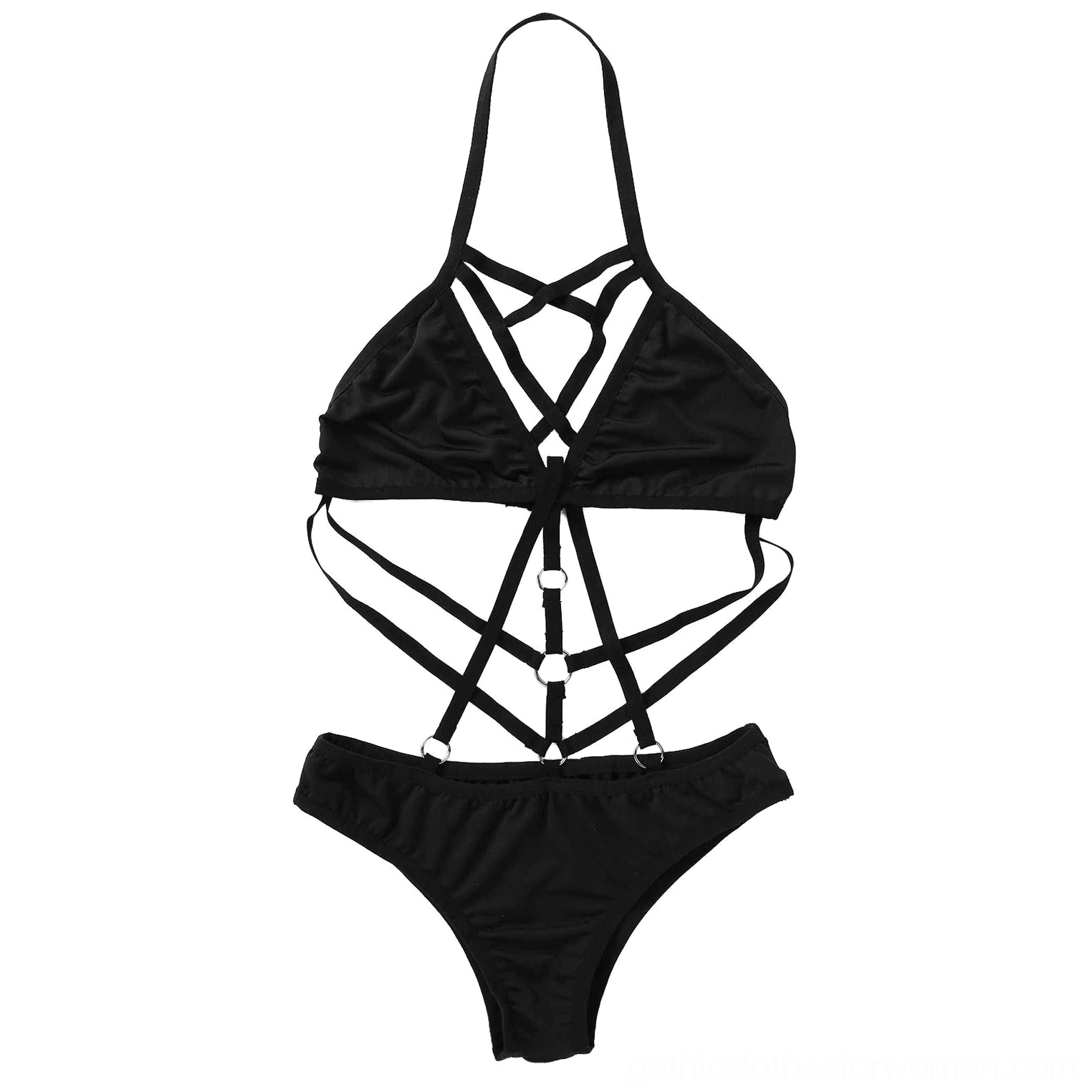 Separated black gothic bikini set front view with crisscross straps and metal ring hardware, modular two-piece style
