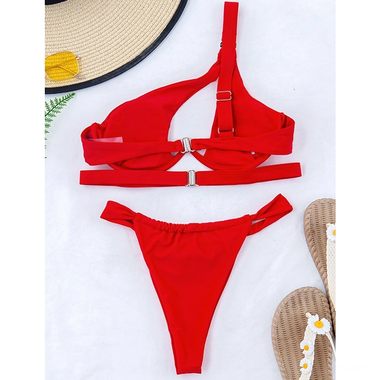 One-shoulder gothic bikini styling guide showing versatile beach and resort wear aesthetic
