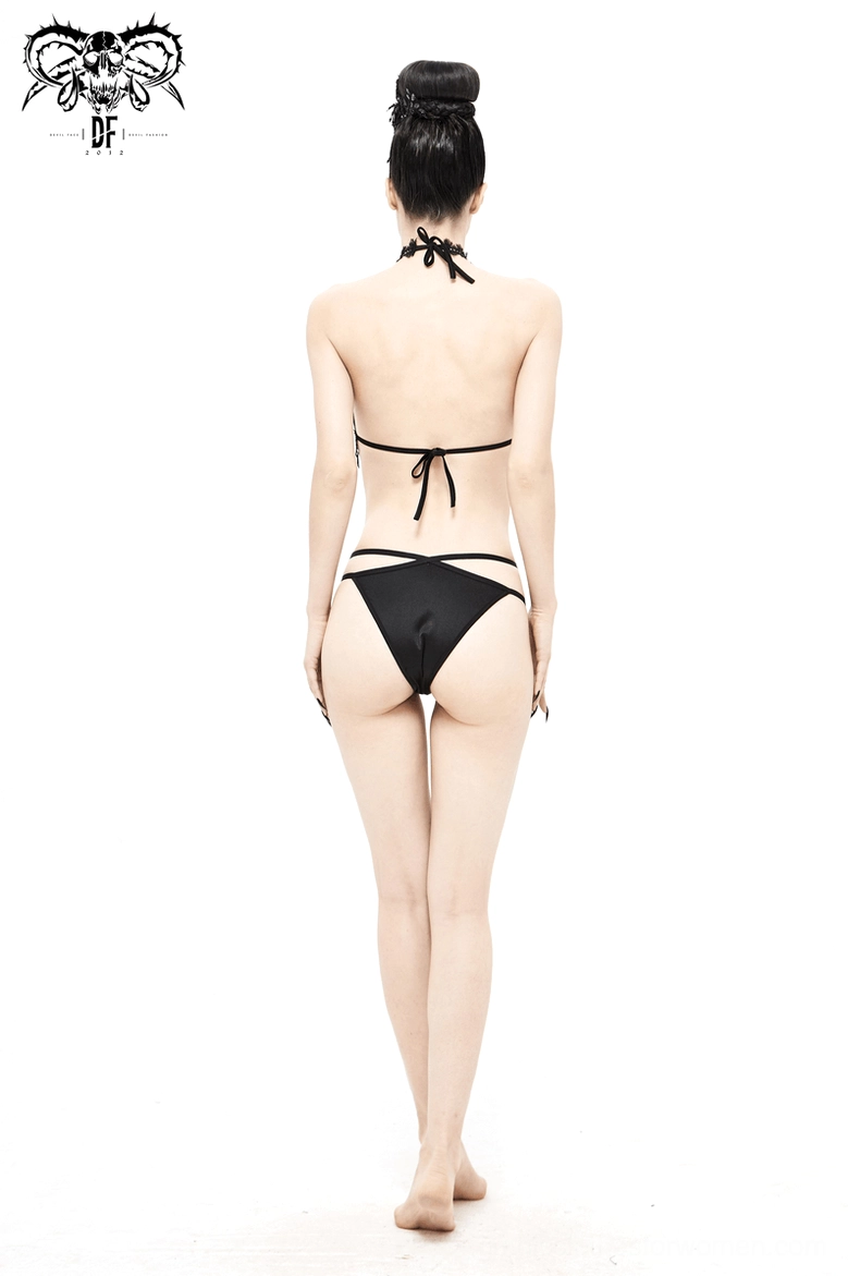Three-quarter side view of gothic black bikini with lace hem - alternative fashion styling showcase
