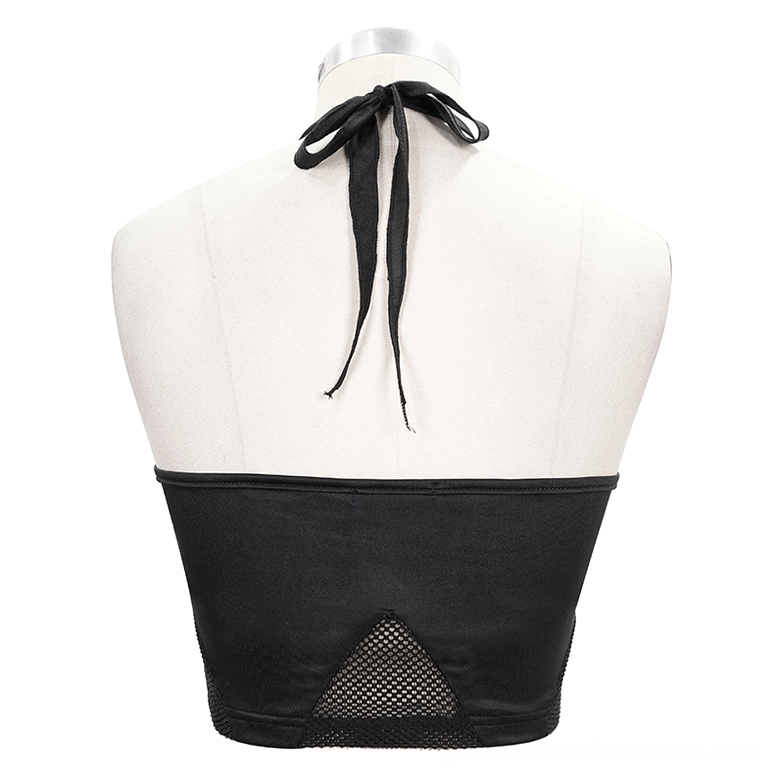 Black gothic bikini top back view on mannequin with long self-tie halter straps and lower mesh cutout