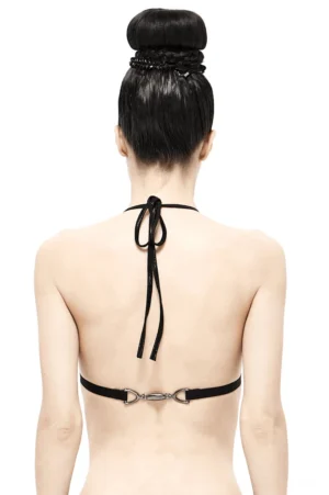 Black gothic bikini top back view showing adjustable halter straps and metal buckle hardware - alternative swimwear design