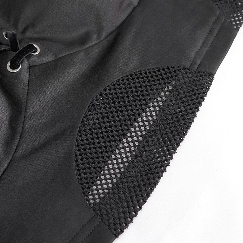 Detail close-up of black gothic bikini top showing metal lace-up eyelets and breathable mesh panel