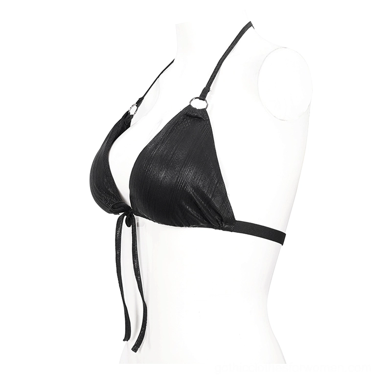 Gothic black bikini top side view mannequin - showing metal ring hardware and halter neck strap construction