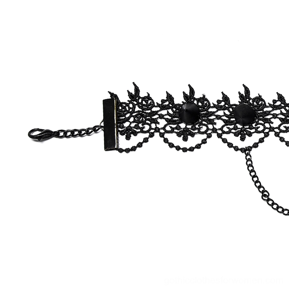 Gothic choker clasp side showing ornate black lace design and metal fastening mechanism