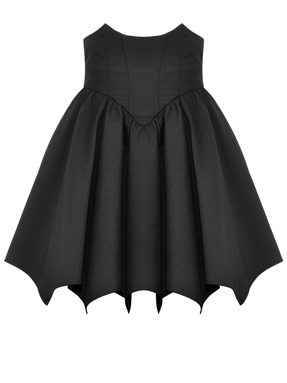 Gothic black A-line mini skirt flat lay front view with corset-inspired bodice