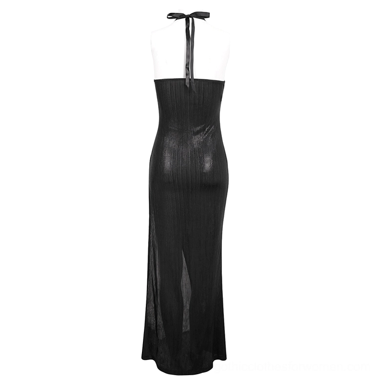 Black gothic backless maxi dress with halter tie neck strap and chain detail, back view on dress form showing side slit
