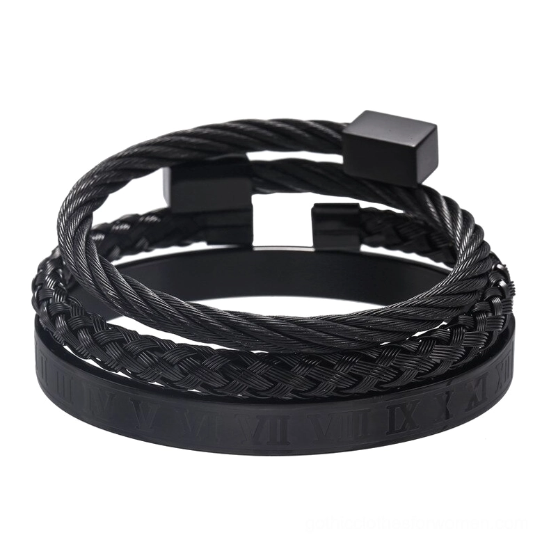 Gothic black stainless steel 3-piece bangle set with twisted cable design and Roman numeral engravings, punk-inspired dark metal bracelets flat lay
