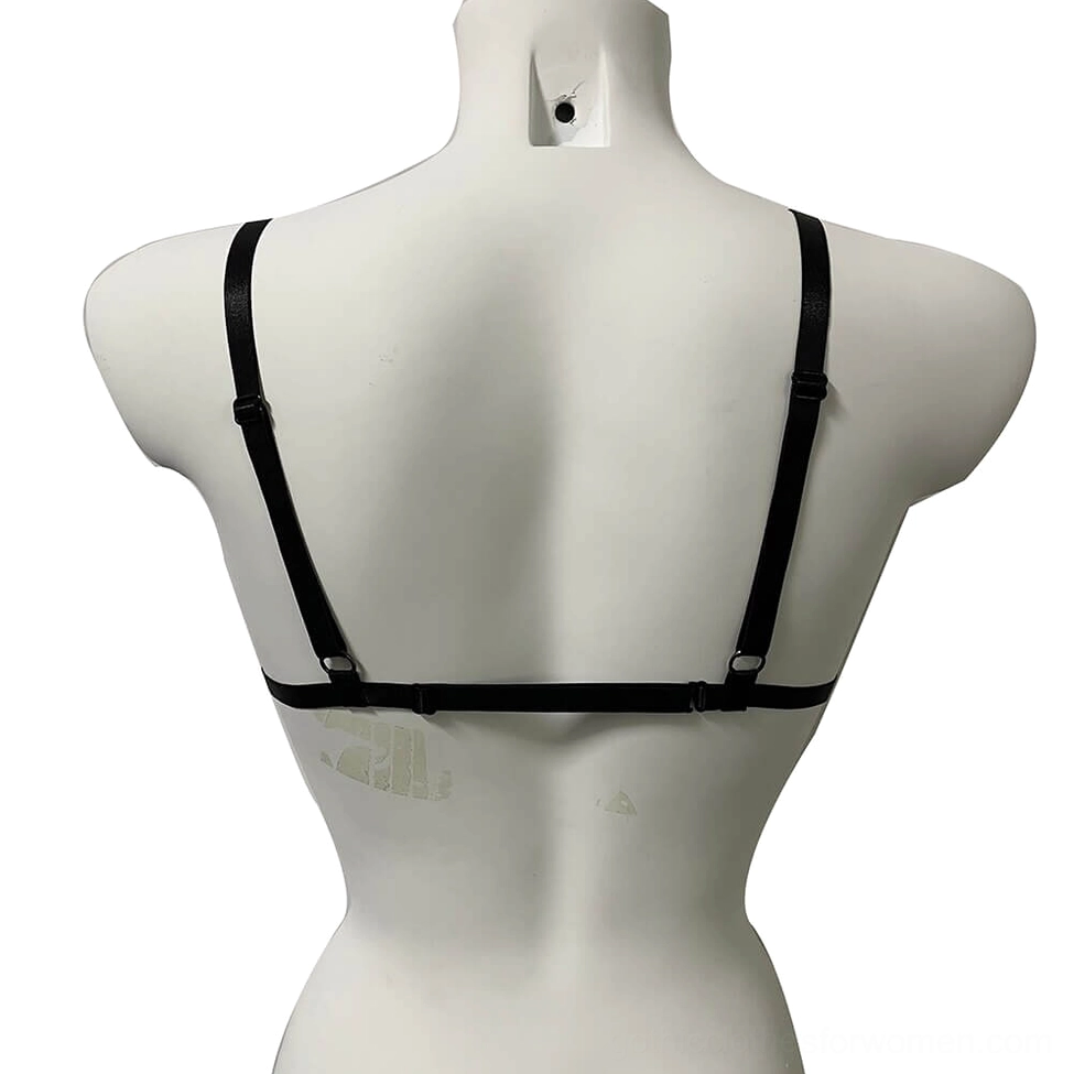 Backless gothic bra design with adjustable black straps and elegant back buckle closure, rear view on white background