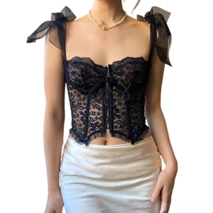 Black lace-up gothic camisole front view with mesh bow straps and underwire cups